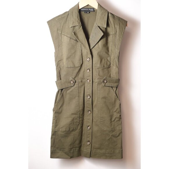 Veronica Beard Twill Army Green Mini Shirt Dress Size 0 Pockets - Picture 1 of 14